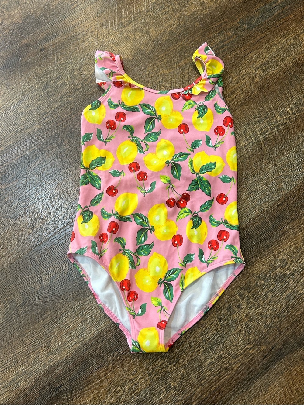 Mini Boden Pink One-Piece Swimsuit with Yellow Lemon & Red Cherry Print 9-10